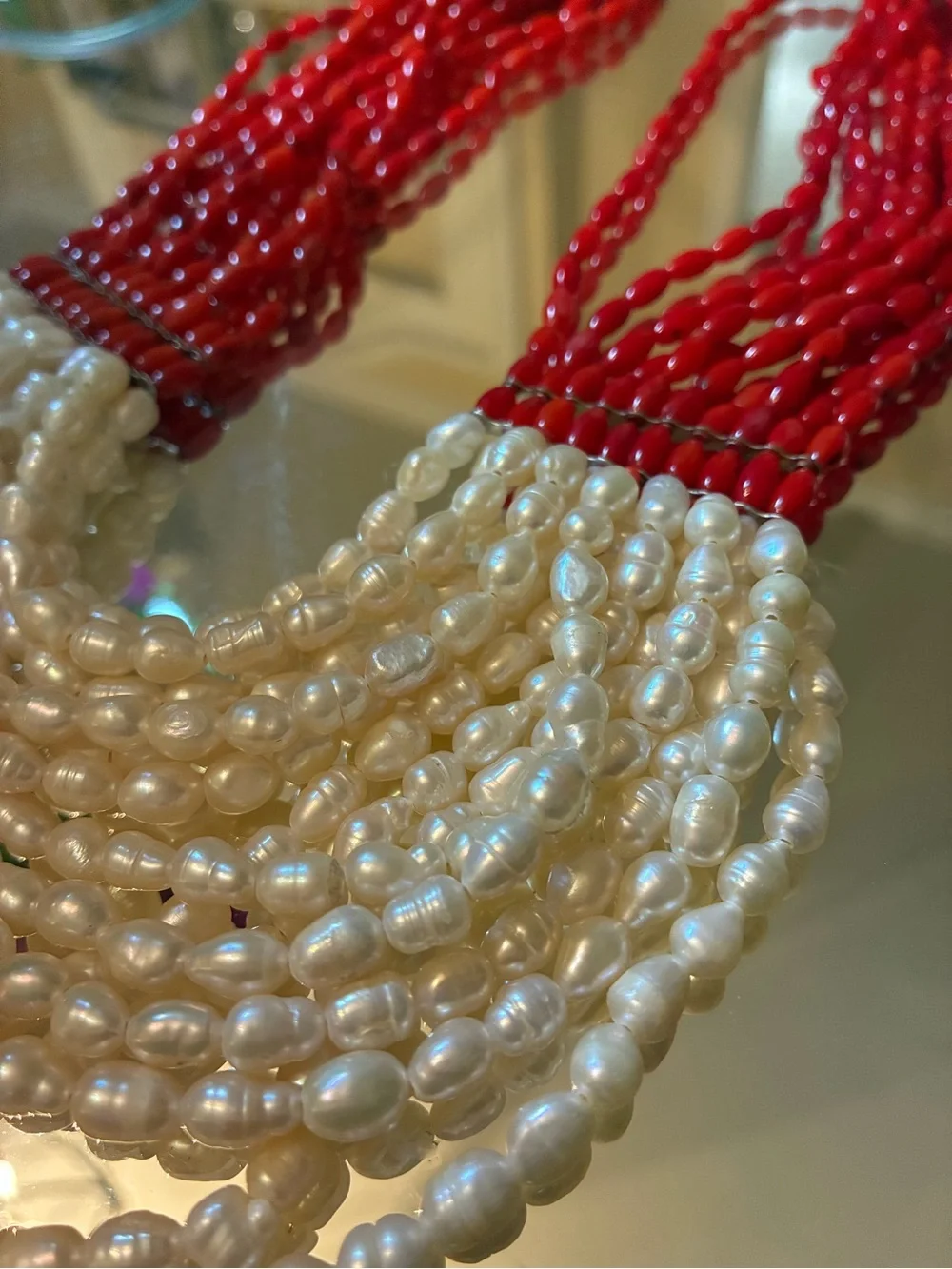 NOS VINTAGE Multi-strand White FW Pearls and Red Coral Beads- Single-owner - Picture 6 of 8